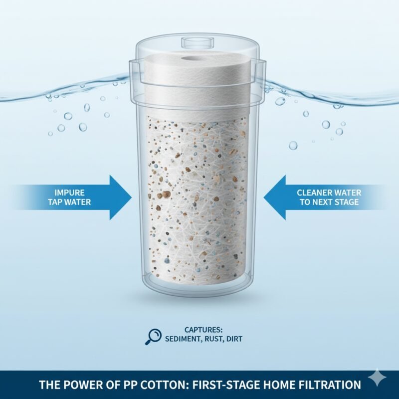 Diagram illustrating the function of the home water purifier pp cotton manufacture filter, showing how the sediment cartridge, key to a pp cotton household water purifier company's initial filtration, effectively captures rust and particles.