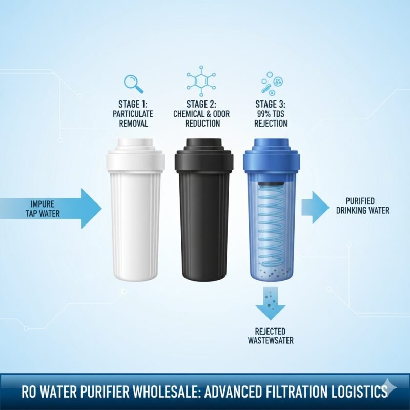Diagram clearly showing the advanced filtration process in RO water purifier wholesale systems. Details the core technology that enables a pp cotton household water purifier company to supply highly effective water purification solutions.