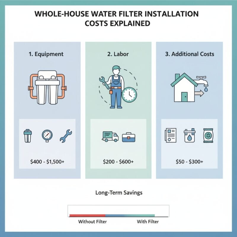 A graphic illustrating the breakdown of whole house water filtration system installation costs, including system price and professional labor fees, provided by a pp cotton household water purifier company.