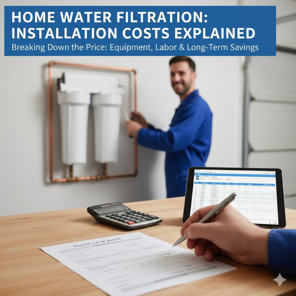 How much do whole house water filtration systems cost to install? Image shows a residential water filter next to a calculator and money, discussing installation expenses from a pp cotton household water purifier company.