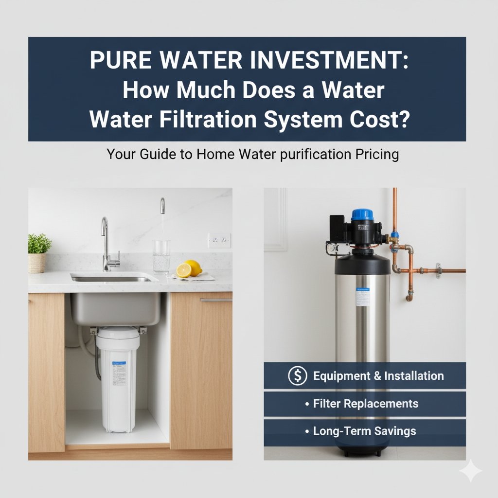 A visual showing three different types of home water filters—a faucet mount, an under-sink unit, and a large whole-house system—arranged with increasing price tags next to them. This illustration clearly addresses 'how much does a water filtration system cost,' providing a comparative overview of investment levels for systems offered by a pp cotton household water purifier company.