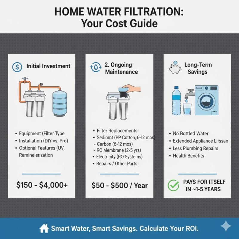 An easy-to-read chart detailing the long-term expenses of owning a water filtration system, including initial purchase price, installation, and recurring costs like filter replacements (e.g., pp cotton). This helps readers understand 'how much does a water filtration system cost' over its lifespan, offering a financial perspective from a pp cotton household water purifier company.