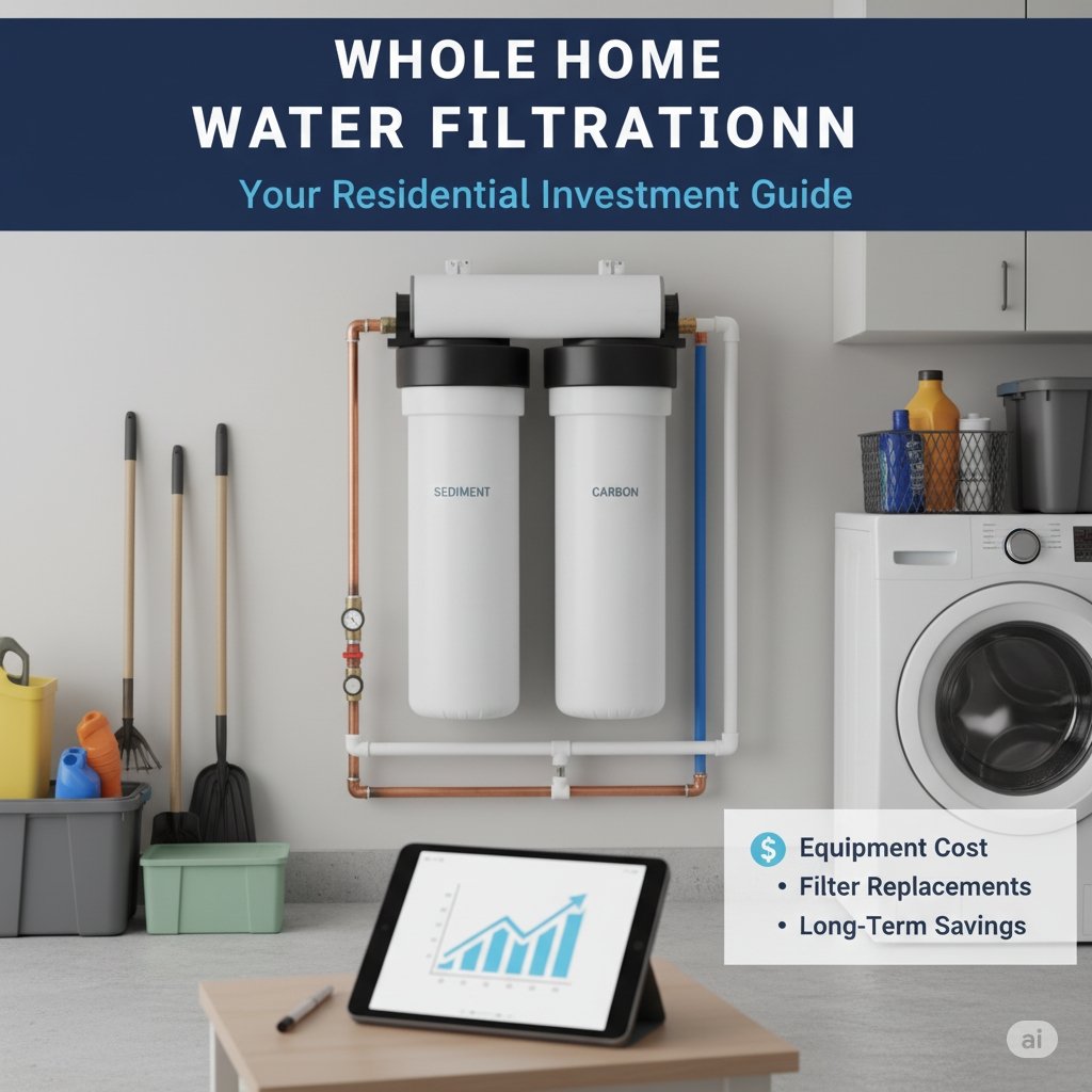 A neat, wall-mounted whole house water filtration system installed in a residential utility area, with clear labels indicating filtration stages including a sediment (pp cotton) filter. The image helps homeowners understand 'how much is a whole house water filter' by visualizing the necessary equipment and installation space, providing cost context from a pp cotton household water purifier company.