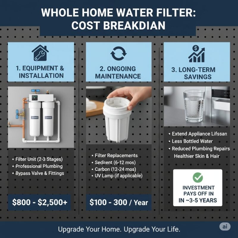 A simple cost breakdown infographic showing the price components of a whole house water filter system, including hardware, initial filter set (e.g., pp cotton), and professional installation fees. This visual guide answers the key question, 'how much is a whole house water filter,' offering clarity on the total investment for a complete system from a pp cotton household water purifier company.