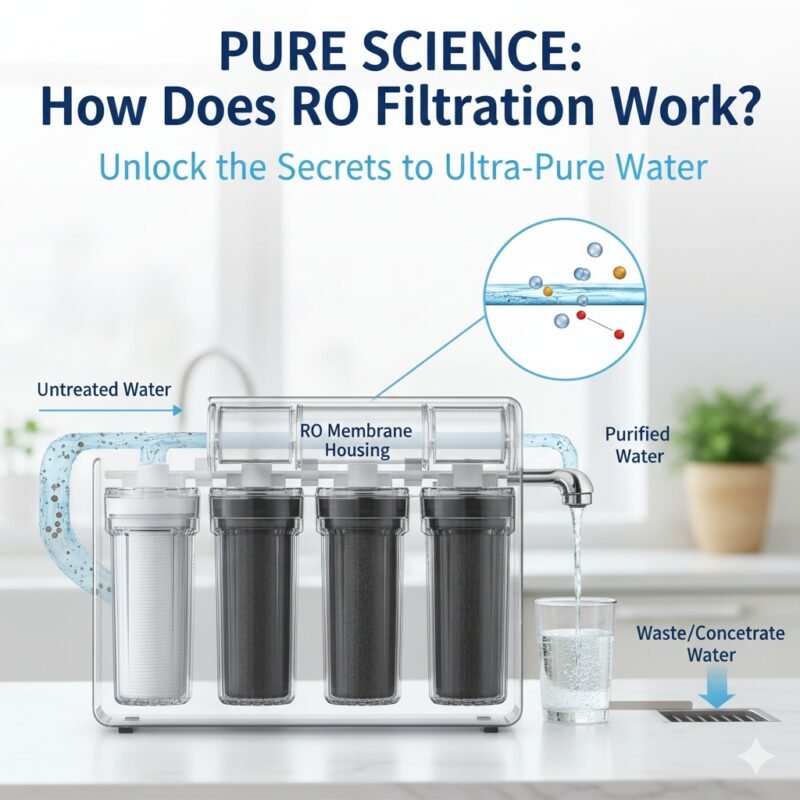 An engaging, close-up visualization of the Reverse Osmosis (RO) membrane element inside a water purifier, with arrows indicating the high-pressure input of raw water and the low-pressure output of pure water. This image clearly explains 'how ro works in water purifier' by illustrating the molecular separation process essential for high purity, a key technology for a pp cotton household water purifier company.