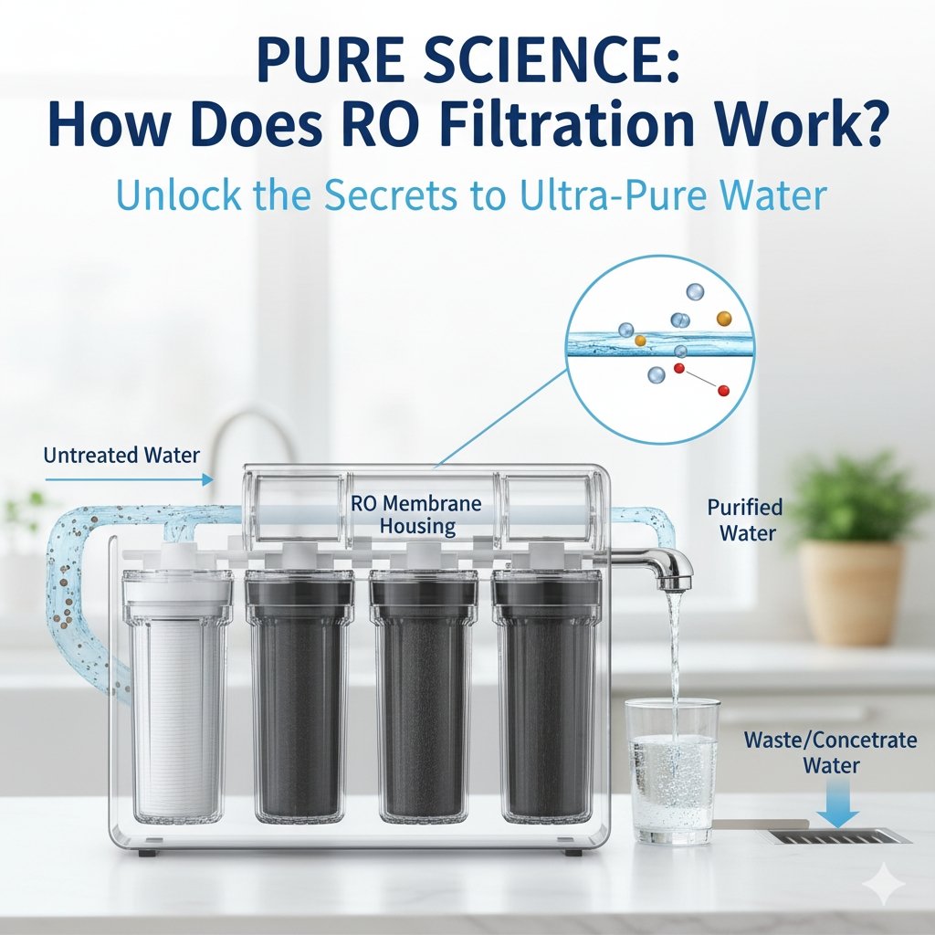 An engaging, close-up visualization of the Reverse Osmosis (RO) membrane element inside a water purifier, with arrows indicating the high-pressure input of raw water and the low-pressure output of pure water. This image clearly explains 'how ro works in water purifier' by illustrating the molecular separation process essential for high purity, a key technology for a pp cotton household water purifier company.