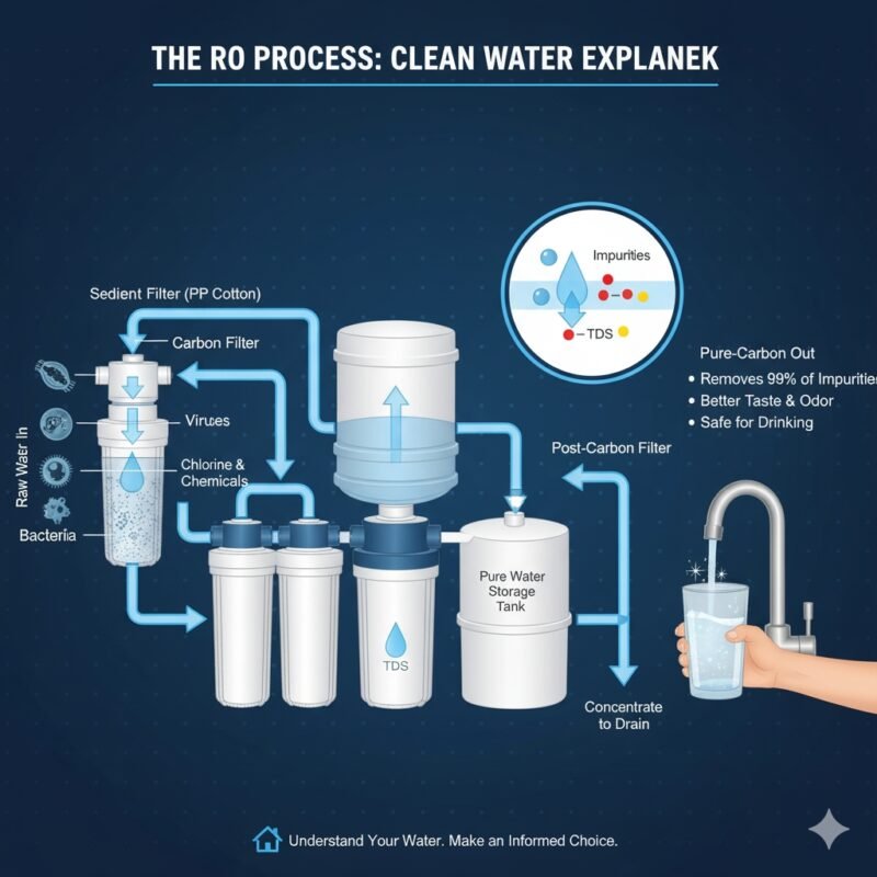 A simplified, animated diagram detailing the Reverse Osmosis process (RO), showing contaminated water pushing through a semi-permeable membrane to leave salts and impurities behind, highlighting the clean drinking water output. This visual guide demonstrates 'how ro works in water purifier,' providing an educational overview of the process for consumers interested in purification technology from a pp cotton household water purifier company.