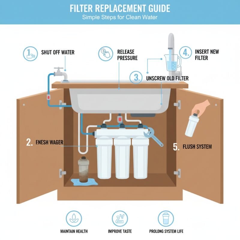 Close-up illustration of the tools and new filter components needed to correctly **how to change under sink water filter**, emphasizing the importance of maintenance for a reliable pp cotton household water purifier company product.