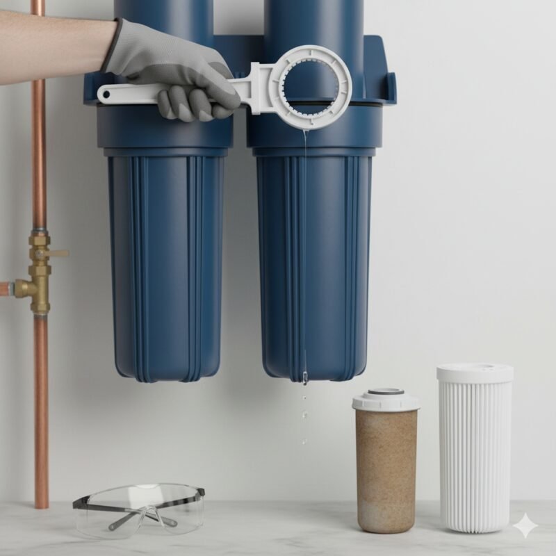 Close-up on a whole house water filter housing being opened with a wrench, demonstrating the ease of maintenance. Key visual for a 'how to' guide by a trusted pp cotton household water purifier company.