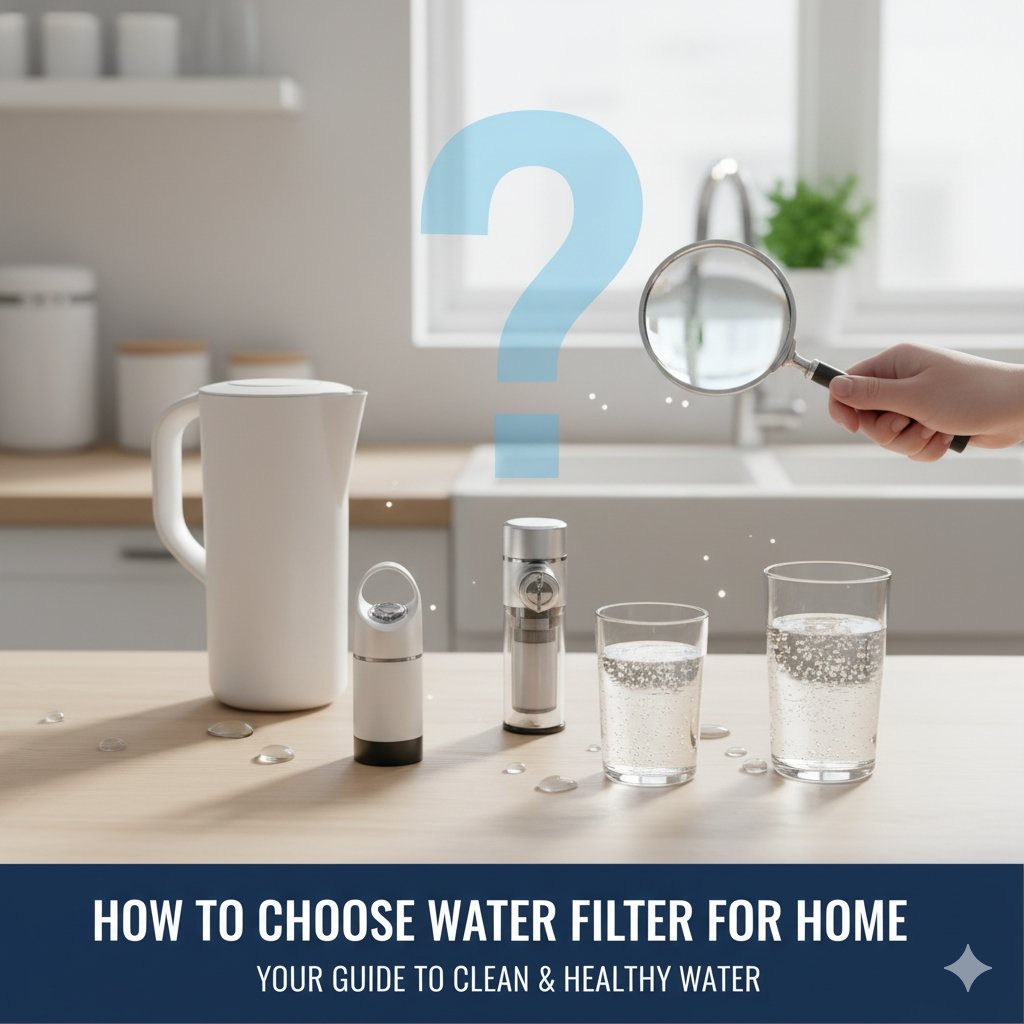 How to choose water filter for home cover visual, displaying options from a pp cotton household water purifier company. Helps homeowners compare different systems and select the best water purification solution for their needs.