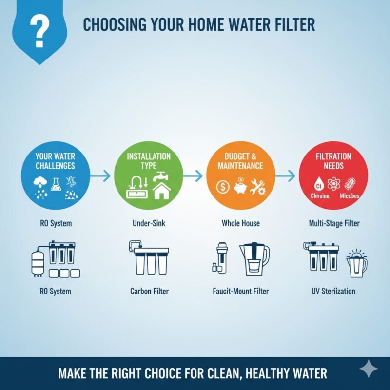 Infographic detailing key factors on how to choose water filter for home, including water quality assessment and product types. Essential guide from a pp cotton household water purifier company for making an informed purchasing decision.