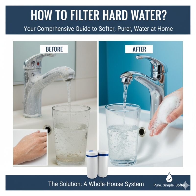 A step-by-step diagram illustrating the process of filtering hard water, showing raw water entering a system and treated, soft water leaving. The diagram highlights the initial sediment removal stage, often using a pp cotton filter, clearly defining 'how to filter hard water' with modern technology and equipment recommended by a pp cotton household water purifier company.