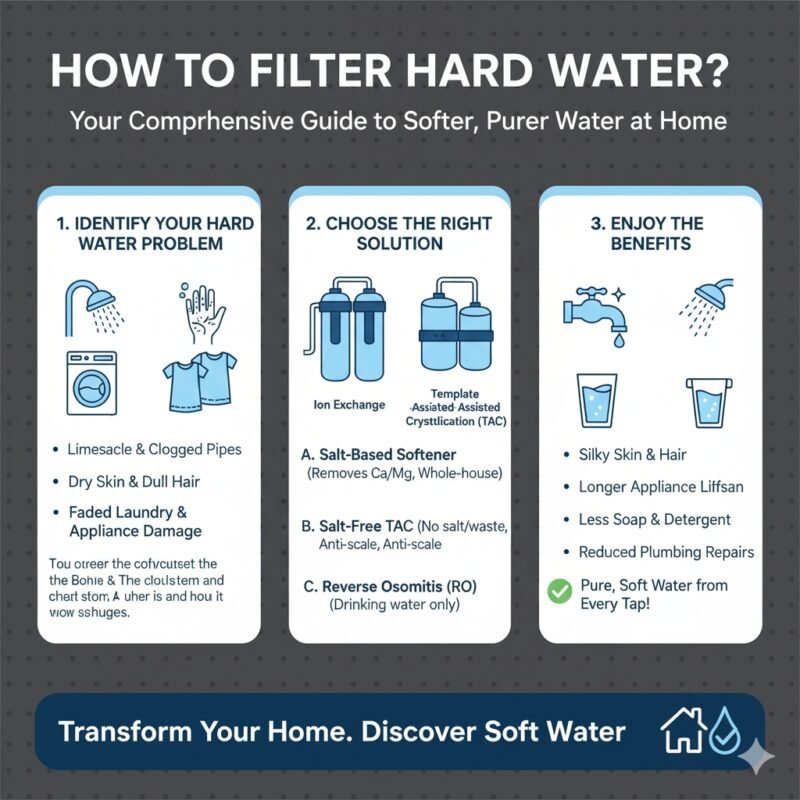 An easy-to-follow flow chart detailing the different methods for treating hard water: whole-house softening, under-sink reverse osmosis, and point-of-use filters. This visual aids readers in understanding 'how to filter hard water' by comparing the most common residential solutions and emphasizing multi-stage filtration (including pp cotton), a specialty of a pp cotton household water purifier company.