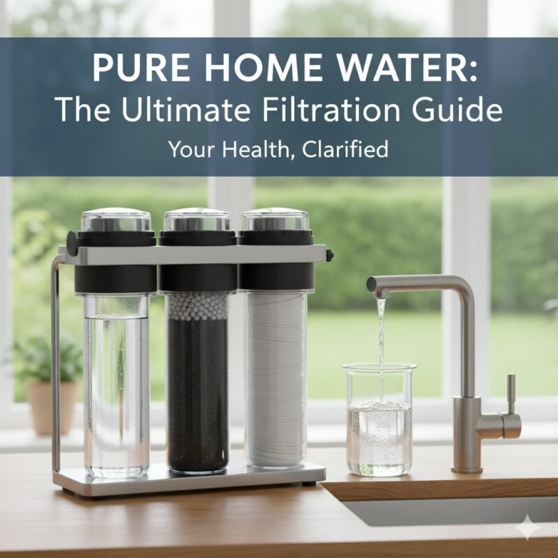A sleek, multi-stage water filtration system displayed on a clean kitchen counter, with clear vessels showing different filter types and purified water pouring from a faucet. This image guides on how to select water filter for home, emphasizing the importance of clean drinking water and various filtration technologies