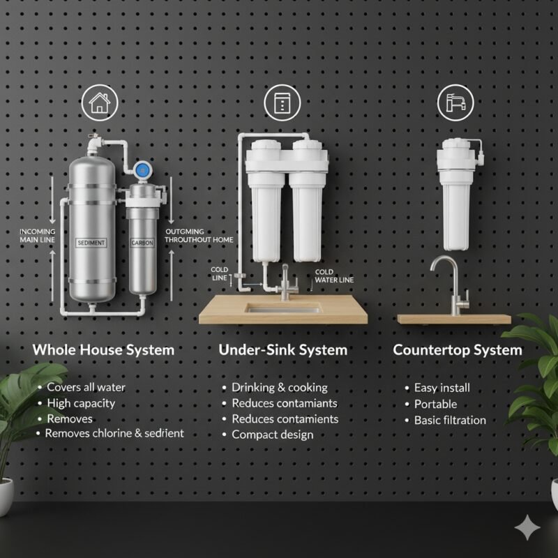 An infographic showcasing three common home water filter systems: whole house, under-sink, and countertop, with icons and bullet points detailing their features and benefits. This visual aid simplifies how to select water filter for home by comparing different types and helping homeowners choose the best solution for their needs.