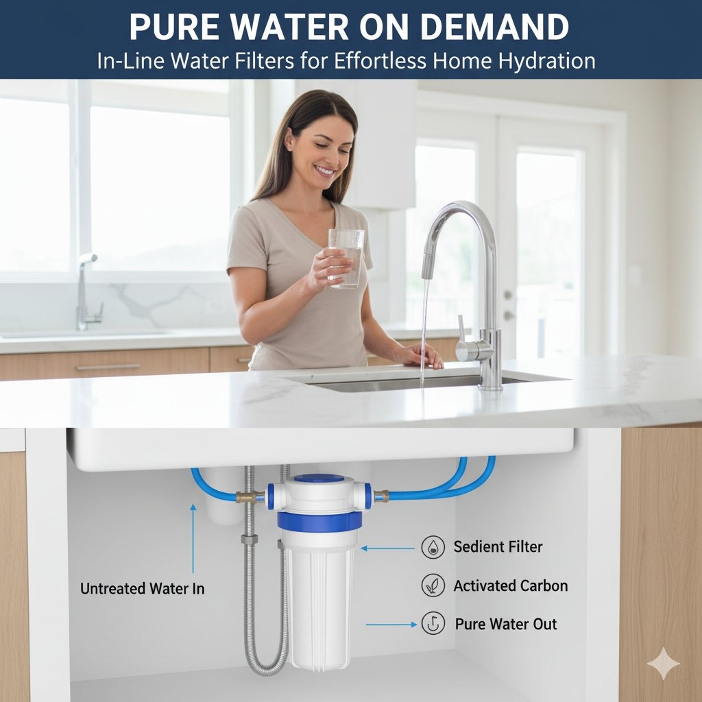 Choosing the best compact in-line water filters for home use, showing the simple installation behind a refrigerator or under a sink, recommended by a pp cotton household water purifier company.