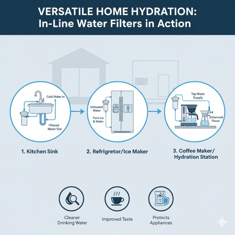 Diagram illustrating the effectiveness of in-line water filters for home appliances, improving taste and reducing sediment in systems offered by a pp cotton household water purifier company.