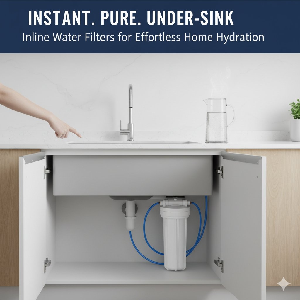A compact inline under sink water filter system neatly installed in a modern kitchen cabinet, demonstrating easy access to purified water, ideal for a pp cotton household water purifier company.