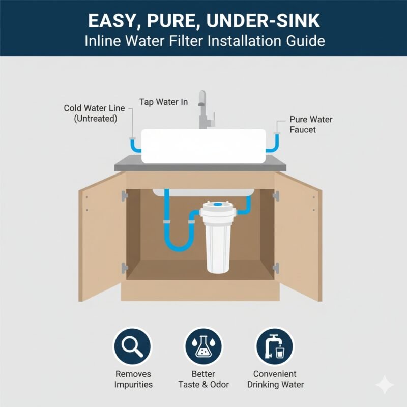 Diagram illustrating the simple installation of an inline under sink water filter, showing its connection to the cold water line and a separate pure water faucet for pp cotton household water purifier company products.