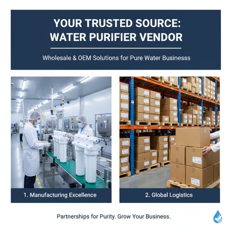 A professional trade show booth setup showcasing a variety of unbranded residential and commercial water purifier systems, including multi-stage units with clear housings showing pp cotton pre-filters. This visually identifies a reputable 'water purifier vendor,' highlighting the extensive product range and supply capability of a dedicated pp cotton household water purifier company.