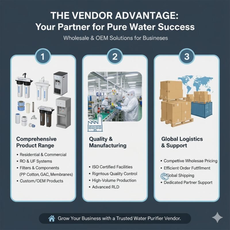 A conceptual image of a handshake between two business professionals over a contract, with a schematic drawing of a water filter (including a pp cotton stage) subtly in the background. This symbolizes a partnership with a reliable 'water purifier vendor,' representing the B2B relationship and trusted supply chain offered by a pp cotton household water purifier company.