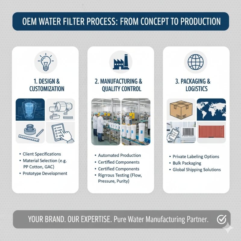 A close-up of a high-speed production line actively manufacturing and sealing blank, ready-to-label filter housings and cartridges. The image captures the efficiency and precision of 'oem water filter' mass production, highlighting the ability of a pp cotton household water purifier company to supply customized, private-label products in large quantities.