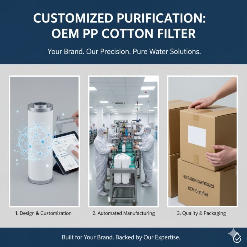A close-up view of dozens of freshly spun, unbranded PP cotton filter cartridges stacked symmetrically in a factory for quality inspection. This image directly addresses the 'oem pp cotton filter' market, emphasizing high-volume, precision manufacturing capabilities and product readiness for private labeling, a key service provided by a pp cotton household water purifier company.
