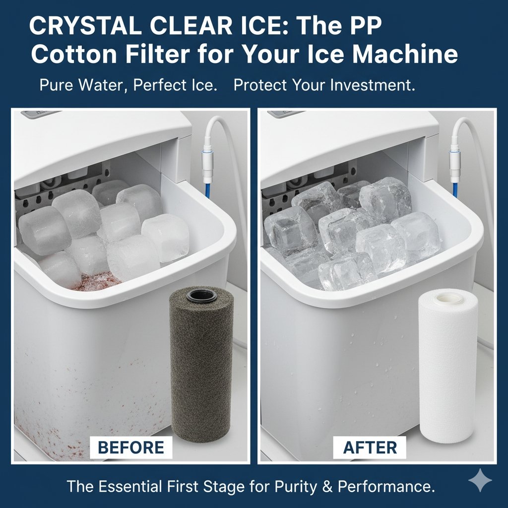A commercial-grade ice machine with a clear, external pre-filter housing visible, containing a white, spun PP cotton filter cartridge. This image highlights the crucial use of the 'pp cotton filter for ice machine' to prevent sediment and particles from damaging the delicate internal components, ensuring clear ice production—a key offering from a specialized pp cotton household water purifier company.