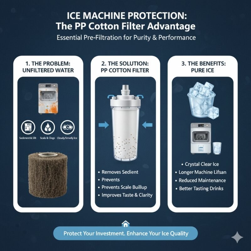 A close-up view of pristine, clear ice cubes contrasted with a heavily fouled, brown PP cotton sediment filter that was removed from the machine's water line. This visual demonstrates the effectiveness of the 'pp cotton filter for ice machine' in trapping large debris, protecting the appliance, and improving ice quality, a benefit emphasized by a pp cotton household water purifier company.