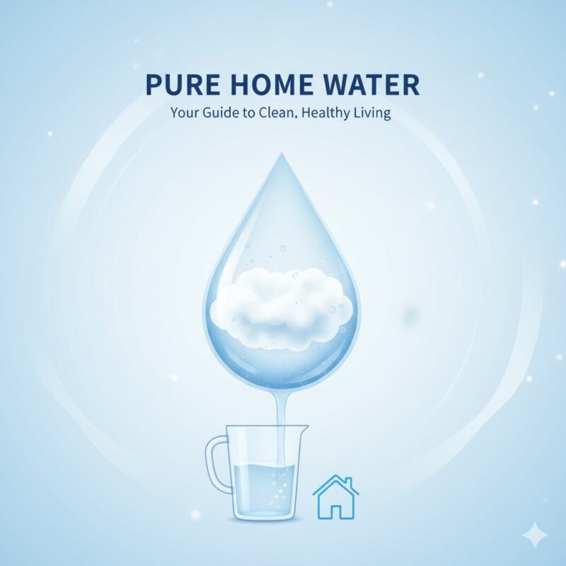 PP cotton household water purifier company blog cover image: A pristine water droplet containing a PP cotton filter element, illustrating clean water flowing into a home icon. This visual represents the core function of a PP cotton household water purifier company in providing purified water for healthy living, emphasizing home water quality improvement.