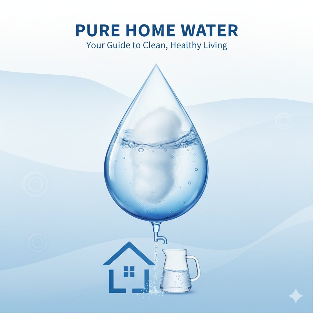 PP cotton household water purifier company blog cover image: A pristine water droplet containing a PP cotton filter element, illustrating clean water flowing into a home icon. This visual represents the core function of a PP cotton household water purifier company in providing purified water for healthy living, emphasizing home water quality improvement.