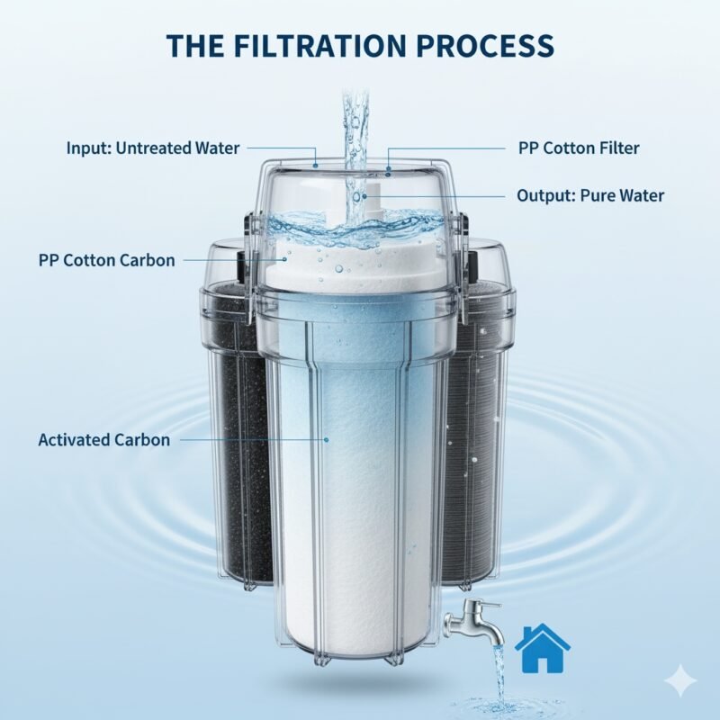 PP cotton household water purifier company blog illustration: A detailed depiction of a multi-stage filtration system, highlighting a PP cotton filter and activated carbon filters. Untreated water enters, passing through the PP cotton filter to produce pure, clean output, symbolizing the advanced technology used by a PP cotton household water purifier company for home water purification.