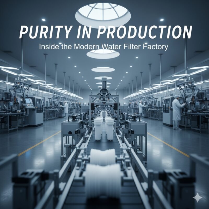 A modern, clean pp cotton household water purifier factory production line, showcasing automated machinery assembling filter components under bright lighting. Workers in protective gear oversee the process, emphasizing the precision and high standards of manufacturing at a pp cotton household water purifier factory dedicated to quality home water solutions.