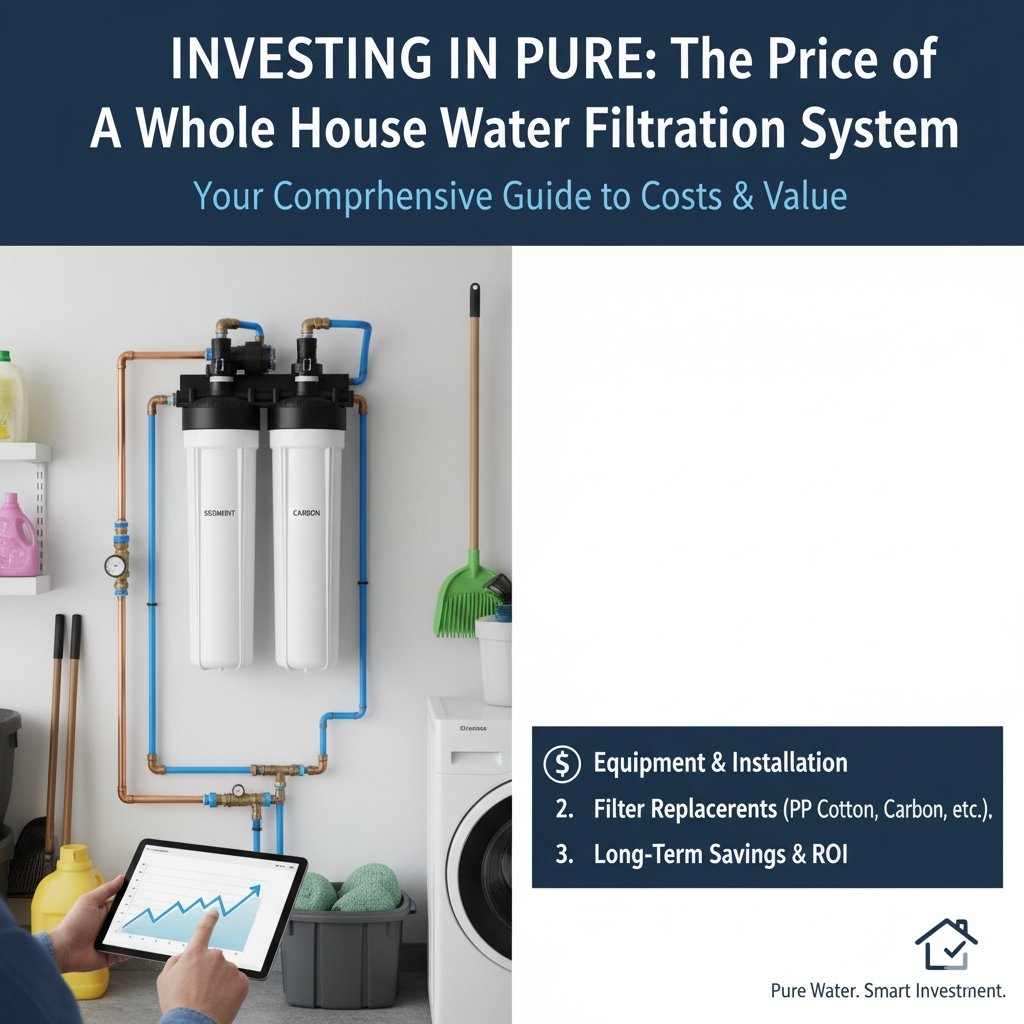 A professional photograph of three distinct whole-house water filtration systems—a basic carbon unit, a medium-range softener combo, and a high-end system—displayed side-by-side with clear dollar signs indicating tiered pricing. This visually answers the question, 'price of whole house water filtration system,' providing a comparative cost overview from a specialized pp cotton household water purifier company.