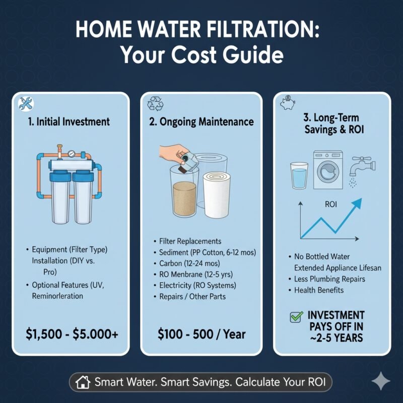 A simple bar chart or pie chart graphic that breaks down the total cost into three segments: Equipment (including necessary pp cotton pre-filters), Installation Labor, and Long-Term Maintenance. This financial breakdown addresses the 'price of whole house water filtration system,' offering transparent cost expectations from a reputable pp cotton household water purifier company.