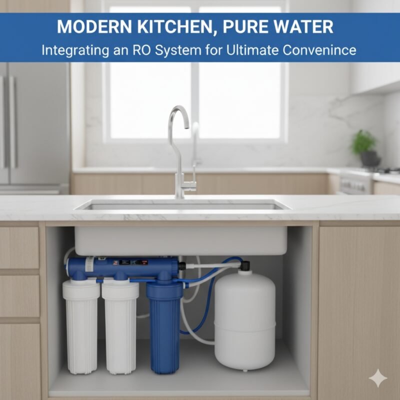 Detailed diagram of an RO system in kitchen setup, illustrating the components like filters, RO membrane, storage tank, and faucet connections, explaining how a reverse osmosis system fits under a kitchen sink.