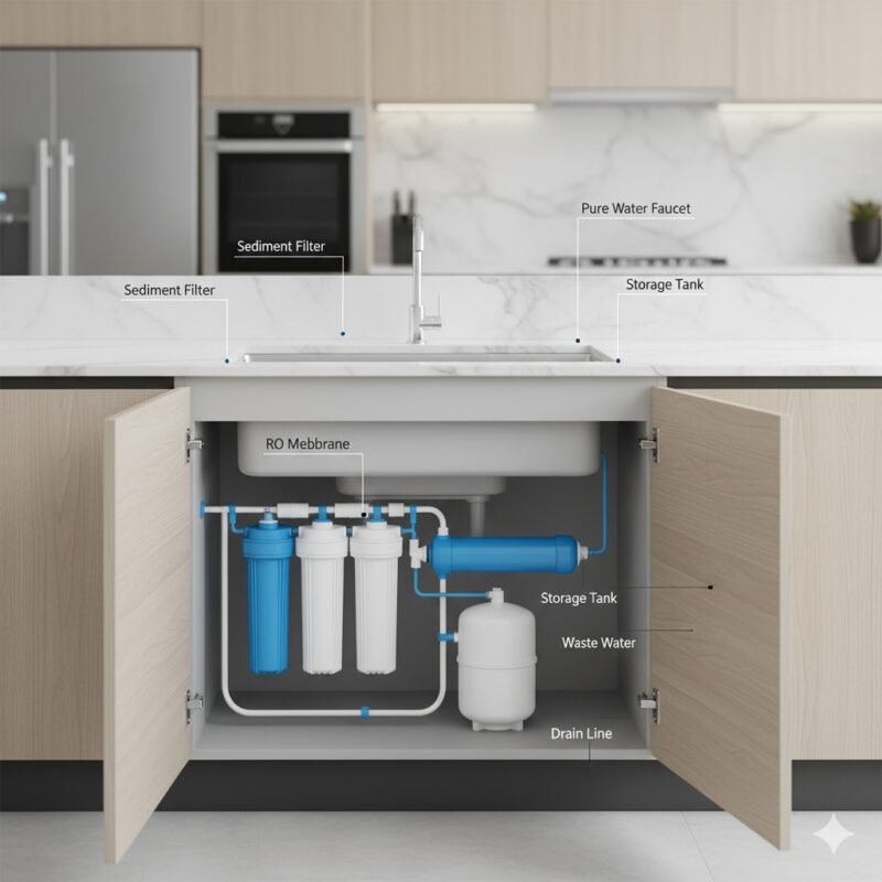 An under-sink RO system in kitchen cabinetry, showcasing a modern kitchen with a neatly installed reverse osmosis unit for convenient access to purified water directly from the tap.