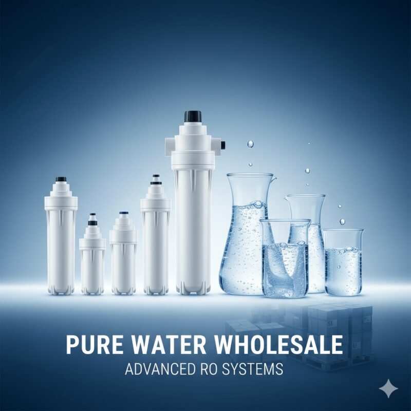 RO water purifier wholesale image featuring a lineup of pp cotton household water purifier company filter cartridges and beakers of purified water, representing bulk supply of high-quality advanced reverse osmosis systems for businesses and resellers.