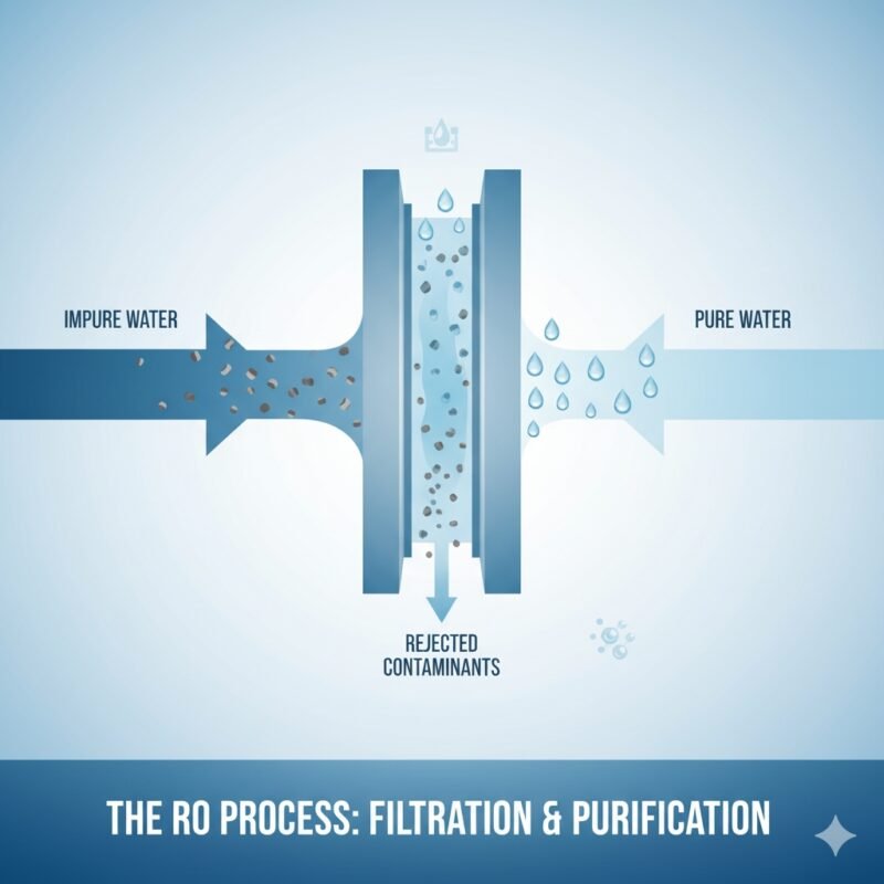 Diagram illustrating the filtration efficiency of RO water purifier wholesale systems, showcasing how the RO membrane, vital to a pp cotton household water purifier company's offerings, effectively separates impurities from water for maximum purity and quality.