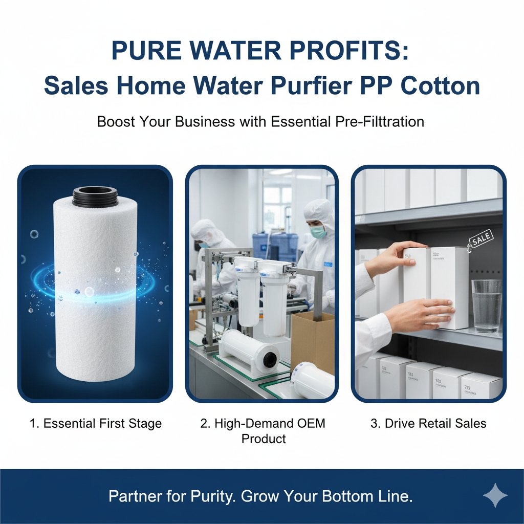 A vibrant display showing a variety of residential water purifier models and a clear, clean PP cotton sediment filter cartridge placed prominently in the foreground. This visual emphasizes the 'sales home water purifier pp cotton' product range, highlighting the essential role of the PP cotton filter in initial purification stages, driven by a pp cotton household water purifier company's latest promotions.