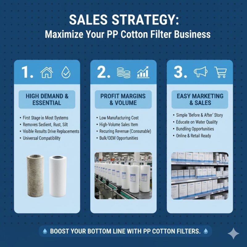 A professional graphic showing a 'Best Seller' badge next to a multi-stage water purifier unit, with an inset close-up of the dirty, used PP cotton filter beside a brand-new, white one. This illustrates the effectiveness of the product in driving 'sales home water purifier pp cotton,' proving the filter's performance and value to consumers, directly supporting the message of a pp cotton household water purifier company.