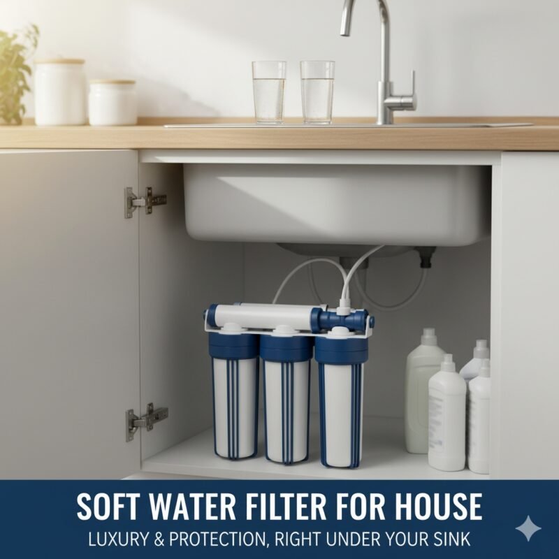Soft water filter for house cover image showing a compact under-sink system. Essential for a pp cotton household water purifier company blog post focusing on space-saving, high-efficiency domestic soft water solutions and easy installation.