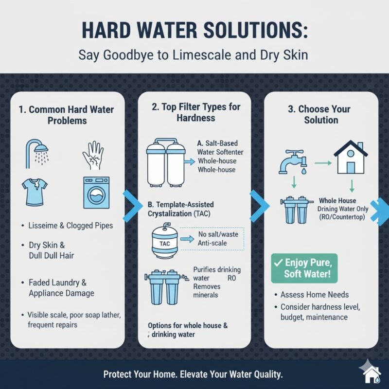 A visual demonstrating the effects of hard water (scale on shower glass, spots on dishes) contrasted with a close-up of the filter media (ion exchange resin and pre-filter media like pp cotton) used in a 'water filter for hard water.' This highlights the solution and the clean results achievable with systems from a pp cotton household water purifier company.