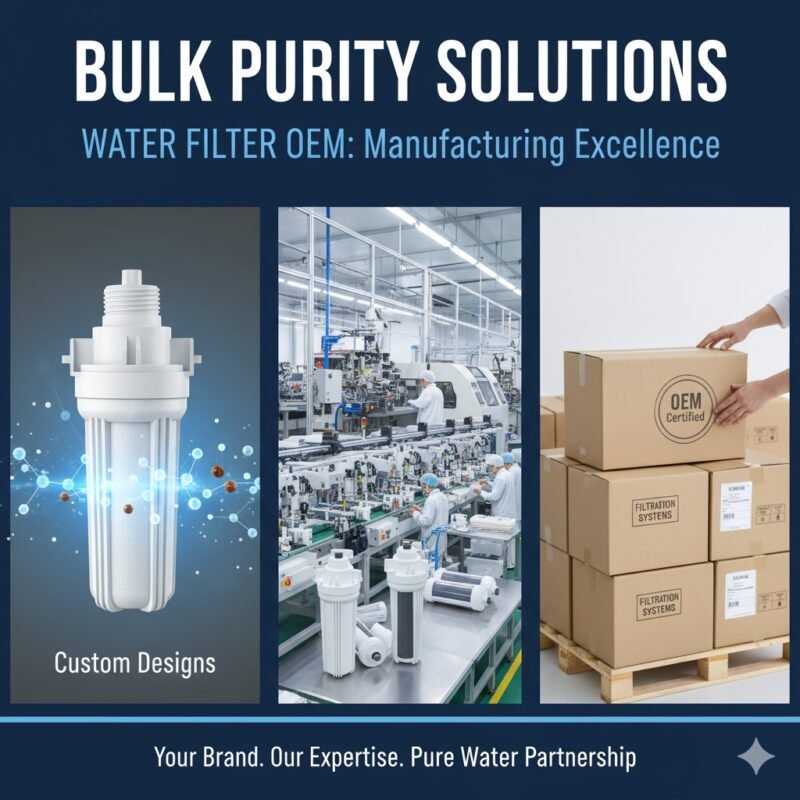 A professional factory floor setup showing generic, unbranded water filter components, including housings and filter media (like pp cotton cartridges), laid out for assembly. This image clearly targets the 'water filter oem' industry, emphasizing customizable, high-volume manufacturing capabilities provided by a pp cotton household water purifier company to meet client specifications.