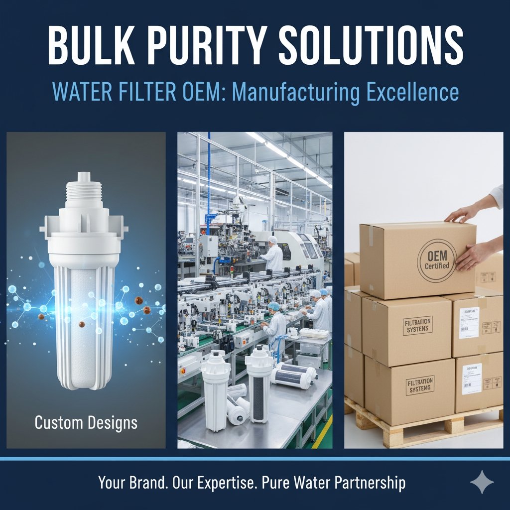 A professional factory floor setup showing generic, unbranded water filter components, including housings and filter media (like pp cotton cartridges), laid out for assembly. This image clearly targets the 'water filter oem' industry, emphasizing customizable, high-volume manufacturing capabilities provided by a pp cotton household water purifier company to meet client specifications.