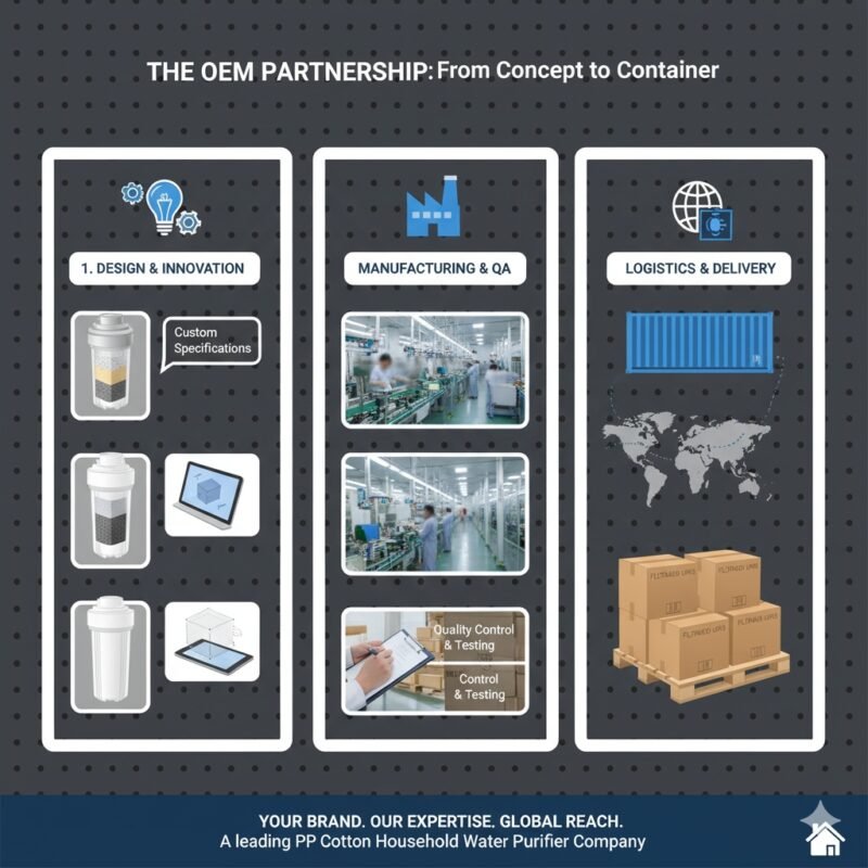 A conceptual diagram of the OEM workflow, illustrating steps from initial design customization (CAD drawing) to bulk production and private labeling of water purifier components (such as pp cotton filters). This visual explains the 'water filter oem' process, highlighting the seamless manufacturing and branding services offered by a specialized pp cotton household water purifier company to business partners.