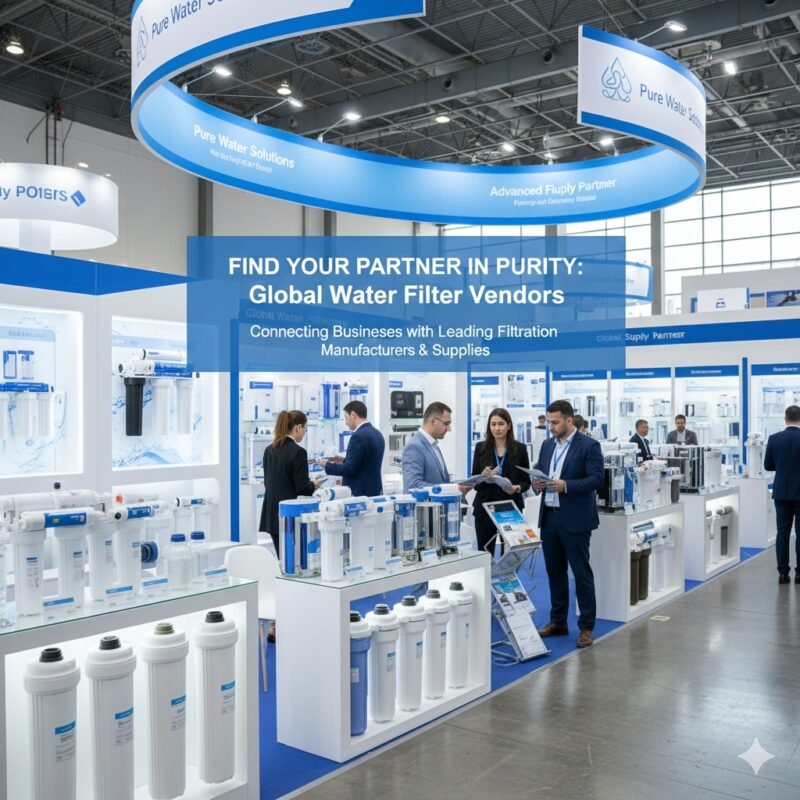 A large, clean warehouse area showing organized shelves stocked high with various types and sizes of unbranded water filter cartridges, components, and complete systems. This visual demonstrates the extensive inventory and supply chain power of top 'water filter vendors,' emphasizing the wholesale capabilities of a large-scale pp cotton household water purifier company.