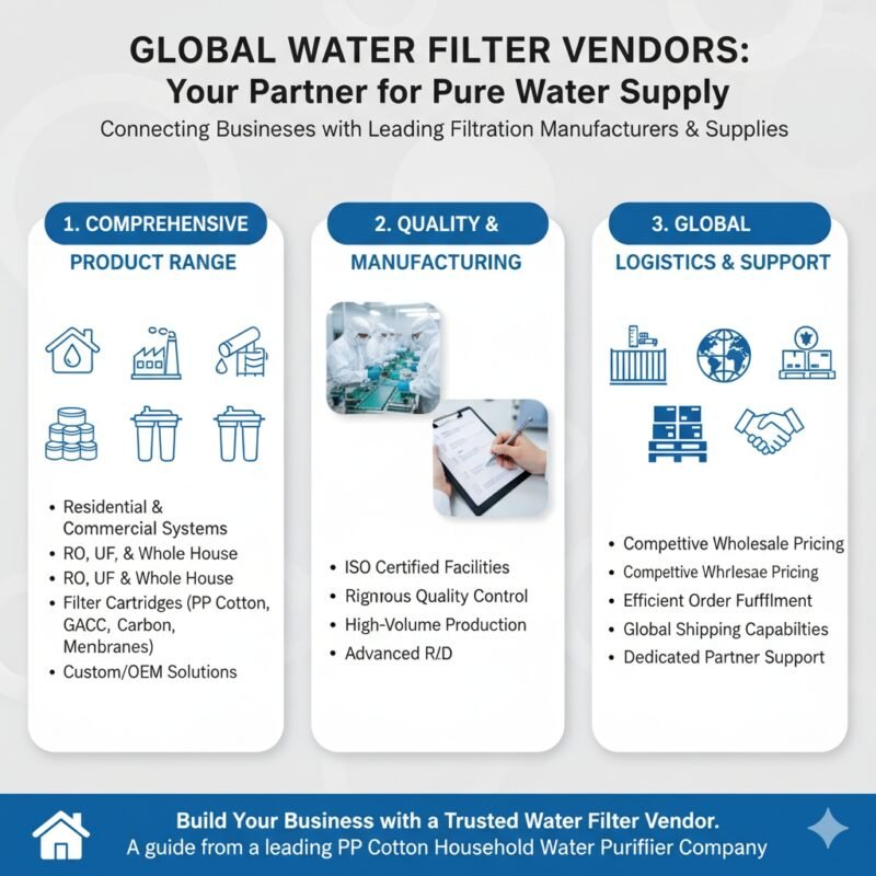 A world map with multiple shipping containers or distribution routes radiating outwards from a central manufacturing hub, symbolizing global logistics and reach. This illustrates the distribution network and reach of professional 'water filter vendors,' showcasing the international supply chain capabilities, including pp cotton filters, offered by a leading pp cotton household water purifier company.