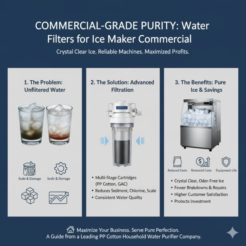 A heavy-duty, commercial-grade water filtration system—featuring sediment (like pp cotton) and carbon stages—mounted on a wall next to a large restaurant ice maker. This image showcases the robust 'water filters for ice maker commercial' application, ensuring high-volume production of clean ice and protecting expensive equipment, a core product line for a pp cotton household water purifier company.