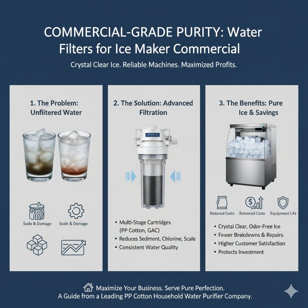 A heavy-duty, commercial-grade water filtration system—featuring sediment (like pp cotton) and carbon stages—mounted on a wall next to a large restaurant ice maker. This image showcases the robust 'water filters for ice maker commercial' application, ensuring high-volume production of clean ice and protecting expensive equipment, a core product line for a pp cotton household water purifier company.
